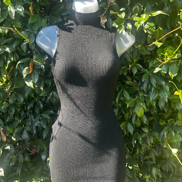 Black Backless Midi Ribbed Turtleneck Dress - Picture 1 of 5